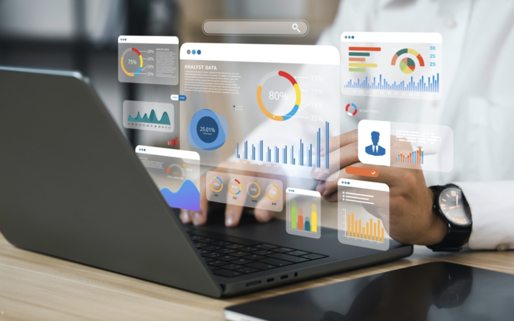 Images of graphs and a person working on PPC campaigns for a hotel - Arise Hotel Marketing