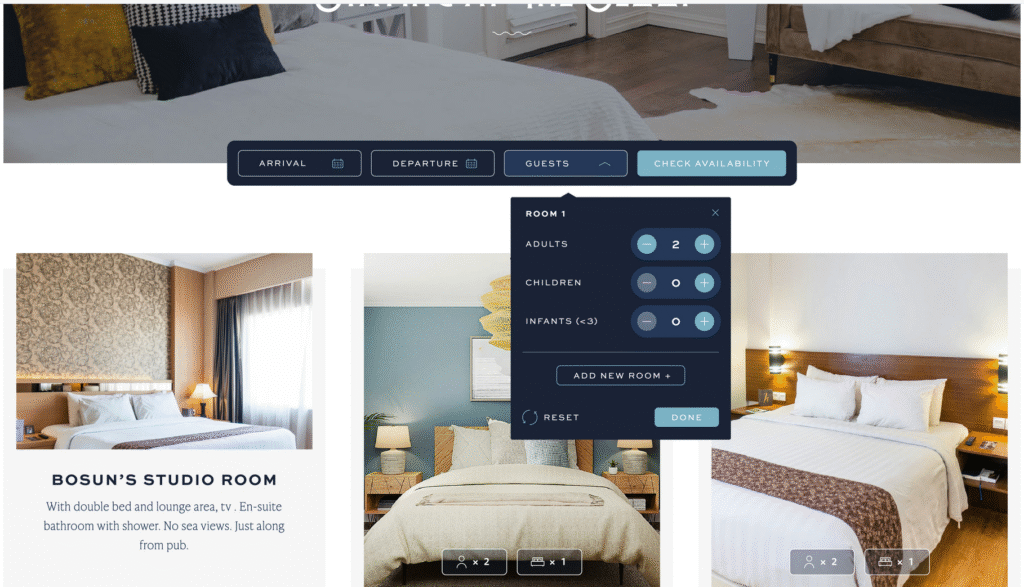Image of a custom hotel room search tool. Including arrival and departure date, guest selector and availability checker.