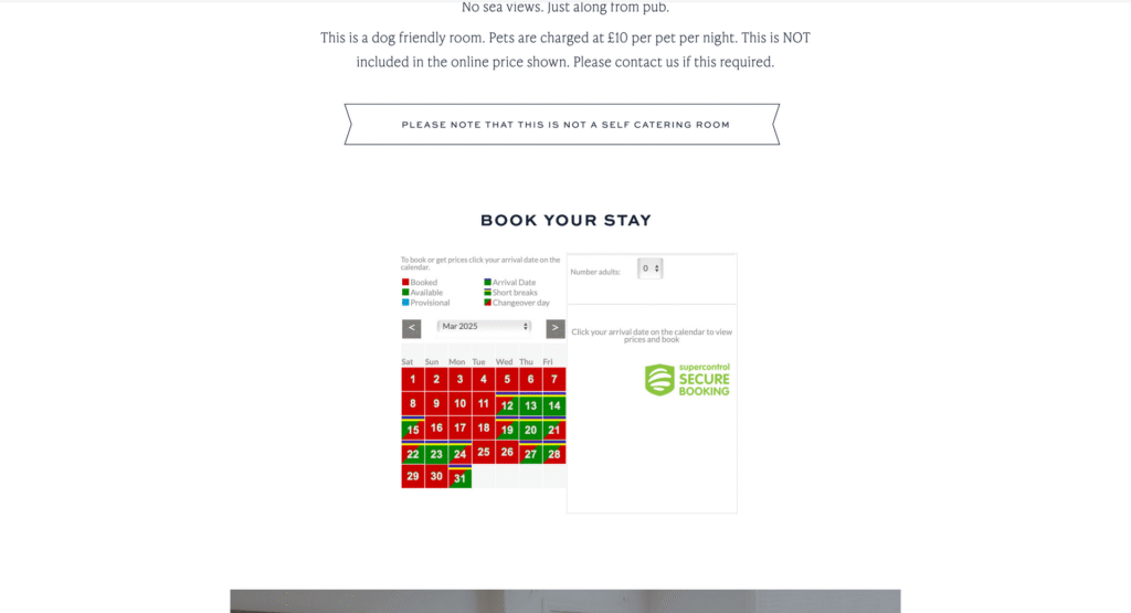 Screenshot of a website design displaying information about the room and a "book your stay" widget