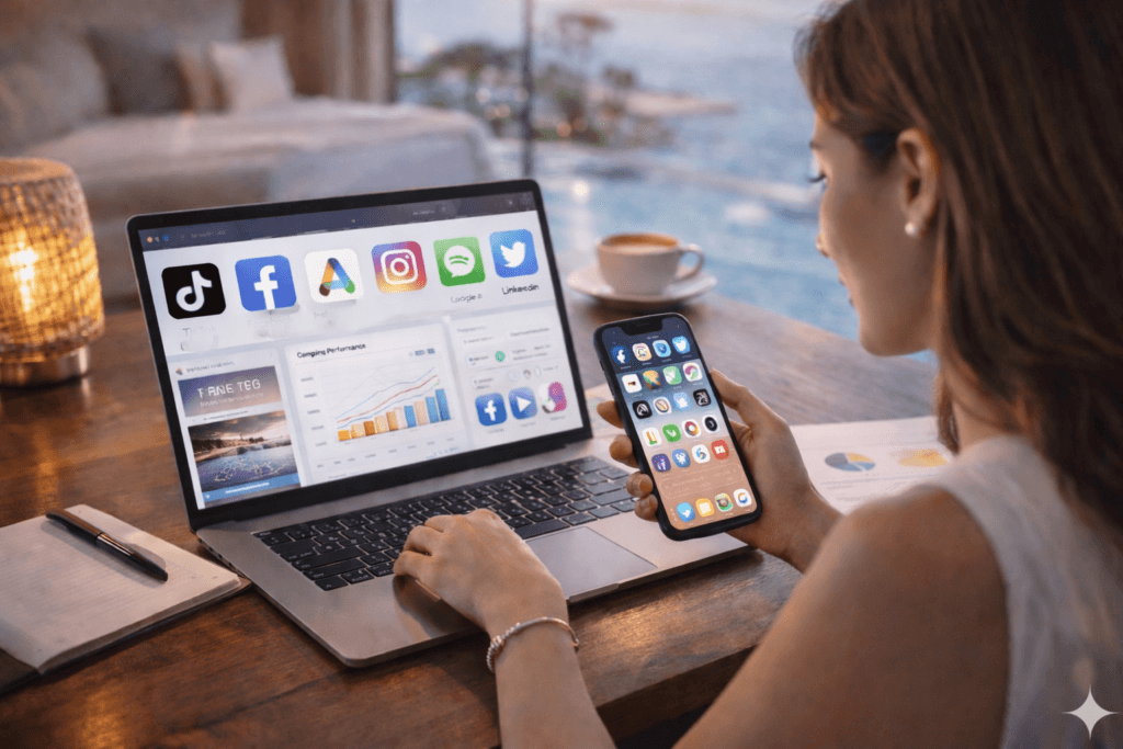 woman working on social media platform - Arise hotel marketing